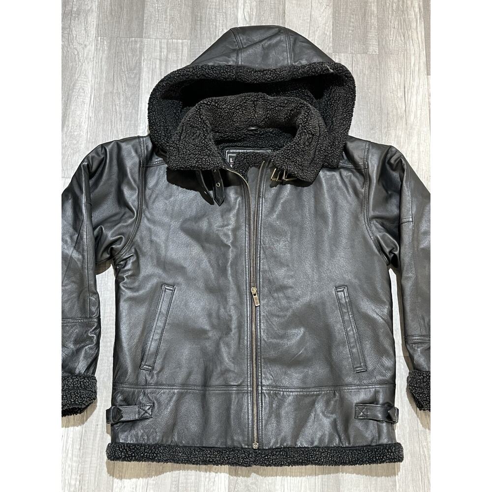 Women's Leather Limited BlackLeather Coat With Hood Faux Fur Size Extra Large - Picture 4 of 9
